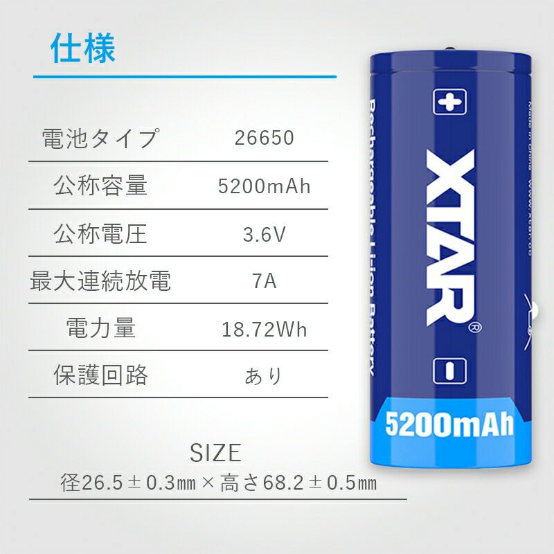 4本セット】26650リチウムイオン電池 5200mAh 3.6V 保護回路付き 4本セット】26650リチウムイオン電池 5200mAh 3.6V 保護回路付き
