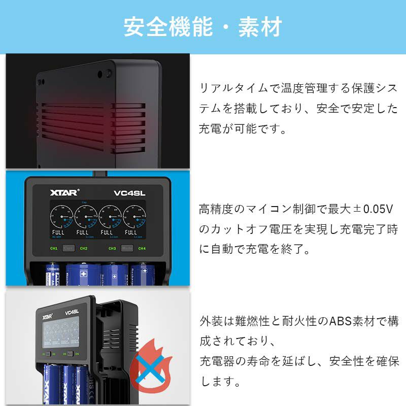 リチウムイオン電池急速充電器XTARVC4SLエクスター1865014500バッテリー等マルチサイズ4本高速同時充電USB充電チャージャー液晶ディスプレイ付きニッケル水素電池Li-ionNI-MHQC3.0水中ライトベイプ