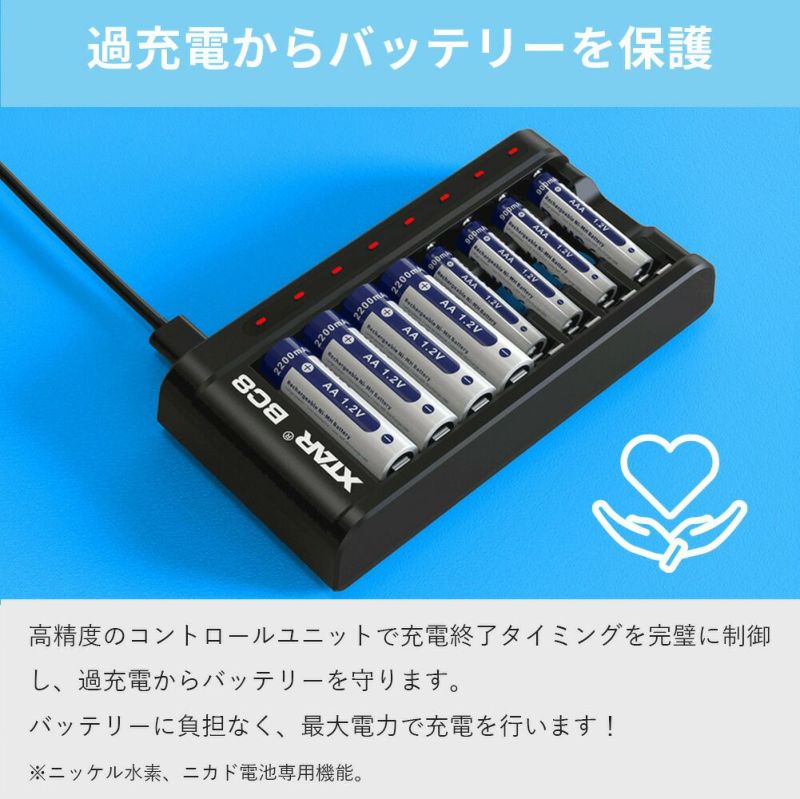 急速充電器単3単4充電池８本同時充電XTARBC8ニッケル水素リチウムイオンエクスターバッテリー8本高速急速同時充電USBチャージャーType-C小型コンパクト防災電池