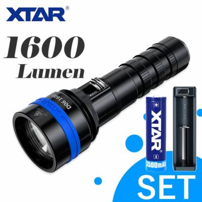 ダイビングライト セット 大光量 1600 ルーメン 無段階調光 XTAR エクスター D06 水中ライト  IPX8 防水 LEDライト フラッシュライト ハンディライト ダイビング 18650 リチウムイオン電池 充電器 充電器セット