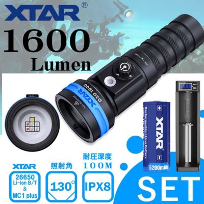水中ライト ダイビング LED ダイビングライト 防水 コンパクト ハンディライト 充電式 D30 1600 (電池 充電器 付属 ) XTAR エクスター